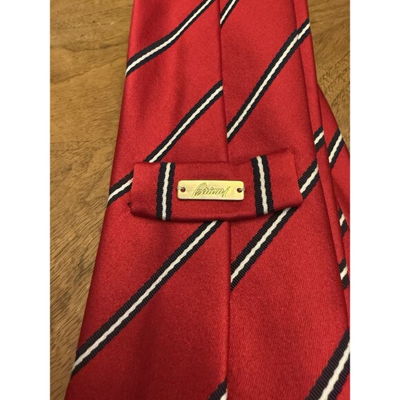 BRIONI Red Black White Diagonal Stripes Silk Handmade Italy Neck Tie CHRISTMAS - Picture 6 of 7